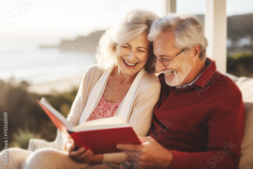 Elderly Smiling Couple Watching Photo Album Outside photo