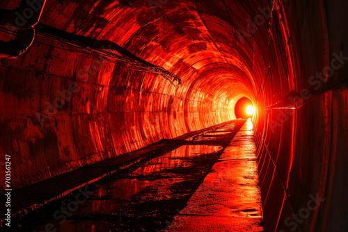 Radial red light through the tunnel glowing in the darkness for print designs templates.