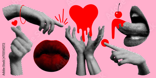 Modern collage. Retro halftone mouth with tongue and hands. Valentines day design elements. Kissing lips. Hands reaching out to each other. Pop art dotted style. Heart hands. Vintage newspaper parts