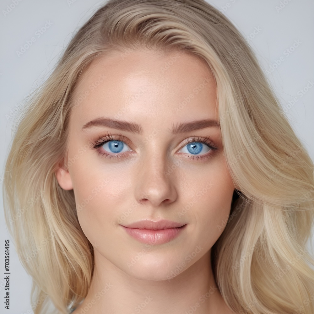 Obraz premium portrait of young happy blonde woman looks in camera, skin care beauty, skincare cosmetics, dental concept isolated over white background