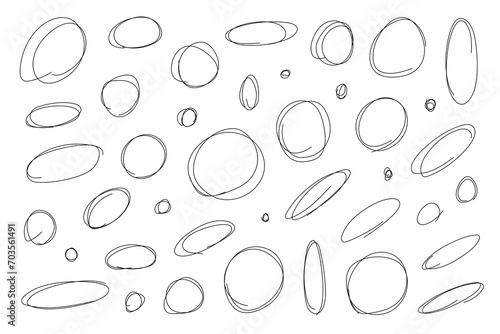 A set of hand drawn black line circle doodles, squiggles and swirl lines,