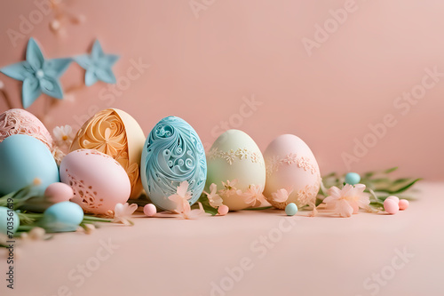 colorful easter eggs on pink background, copy space