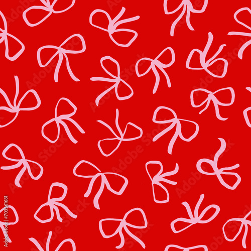 Patrón sin costuras de moños rosados en fondo rojo. Fondo minimalista de cintas en tendencia. Textura para papel de regalo, telas, diseños de redes sociales y papelería. Estilo coquette