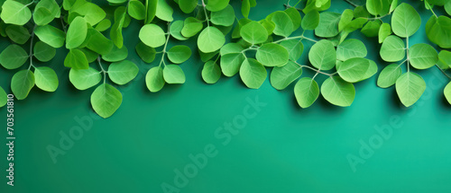  top view  of fresh moringa leaves on green background photo