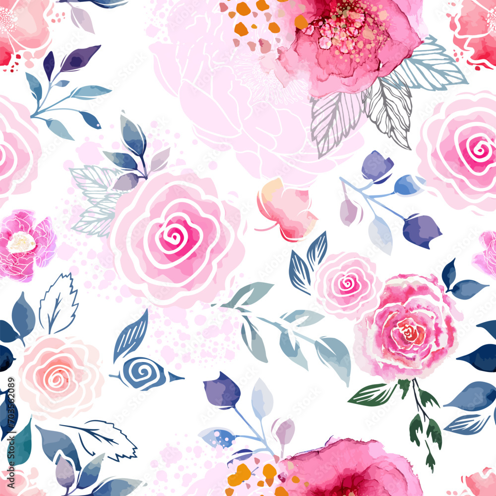 Pink watercolor flowers and green leaves seamless pattern. hand drawing. Not AI, Vector illustration