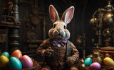 Steampunk style rabbit with steam engines and colorful Easter eggs