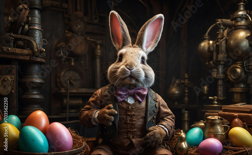 Steampunk style rabbit with steam engines and colorful Easter eggs photo