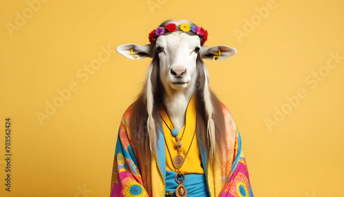 Goat dressed in hippy clothes on yellow background. Humanization of animals concept