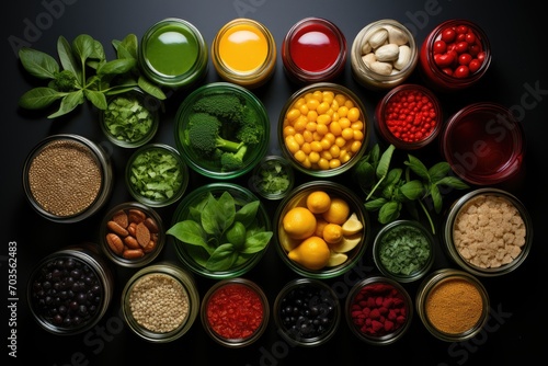 A healthy diet concept. Flat lay image of fresh vegetables, berries, beans, nuts and greens.