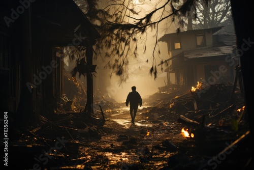 A lone man in the damaged city among debris left after a hurricane, earthquake or tsunami. photo