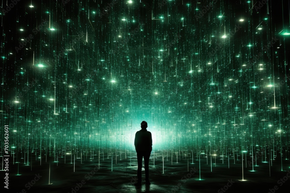 A person in a digital world. He is standing surrounded buy glowing lights. A person in a digital world. He is standing surrounded buy glowing lights.