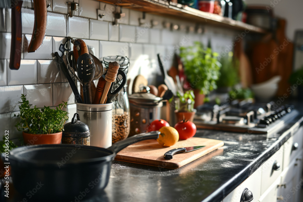 Cooking utensils on a stylish kitchen counter. Kitchen tools. Generative AI - obrazy, fototapety, plakaty 
