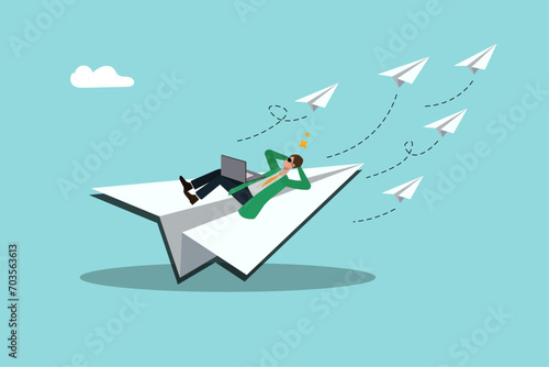Email subscription or newsletter marketing for promotion and product update, online communication and marketing , Businessman sitting on paper rocket sending newsletters and emails