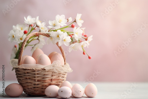 Basket with colorful pastel eggs. Spring easter composition. Generative AI