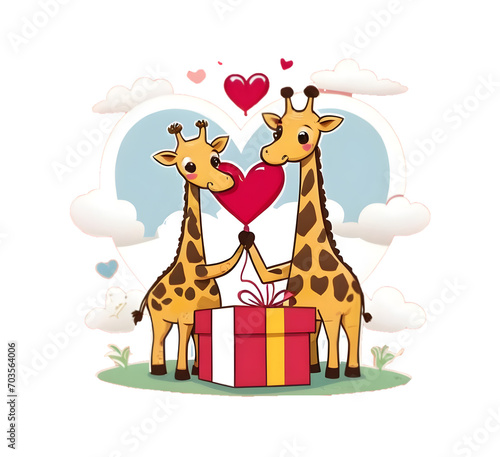giraffe couple gift box and heart, transparent background, valentine's day