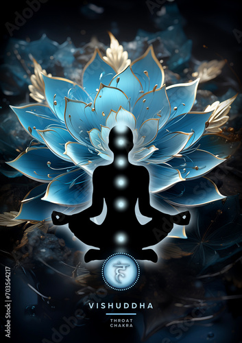 Throat chakra meditation in yoga lotus pose, in front of Vishuddha chakra symbol and mystic lotus petals. Peaceful decor for meditation and chakra energy healing.