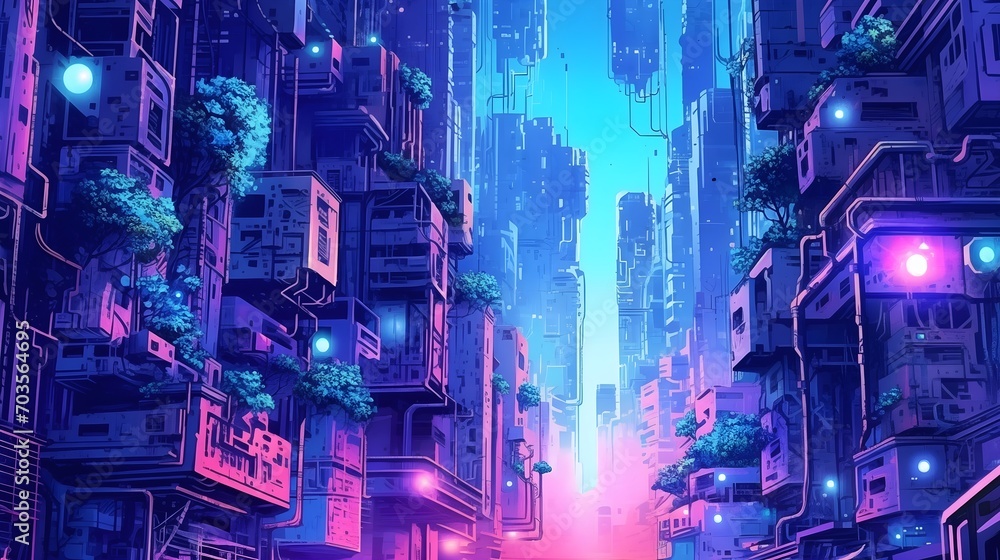 Vibrant Digital Art of a Futuristic Cityscape Bathed in Pink and Blue Hues