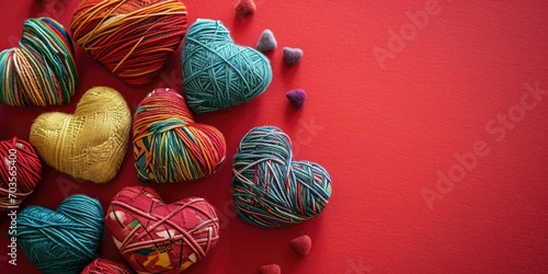 Handmade hearts made of different multi-colored threads on a red background, gift for Valentine's Day, banner, flat lay, top view