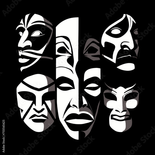 Traditional Masks with Human Faces Set - Tribal Symbol of Cultural Heritage and Ethnic Art