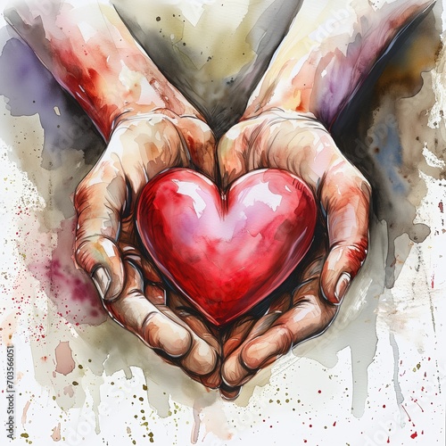 Valentine watercolor heart in hands. AI generated.