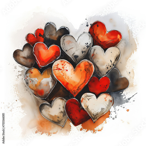 Watercolor colorful hearts. AI generated.