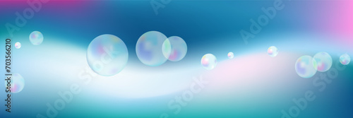 Rainbow iridescent balls on Abstract Blue turquoise pink background. Holographic vector pastel colour print for banner  web design  card. Flying isolated transparency balls.