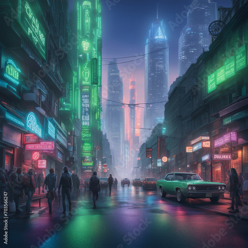 cidade ambientada num cenário futurístico nas cores azul e verde, imagem gerada por IA photo