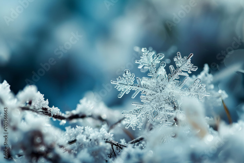 Close-up macro view of intricate snowflake, blurry background