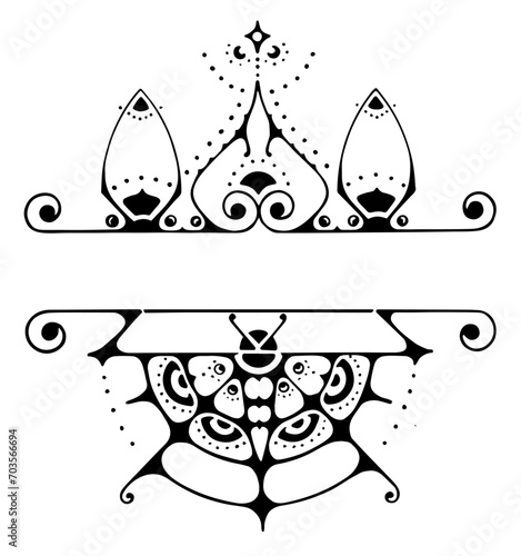 Handrawn curly and organic ornamented borders and graphic design resources for film titles, posters or food menu cards, vintage style, real antique