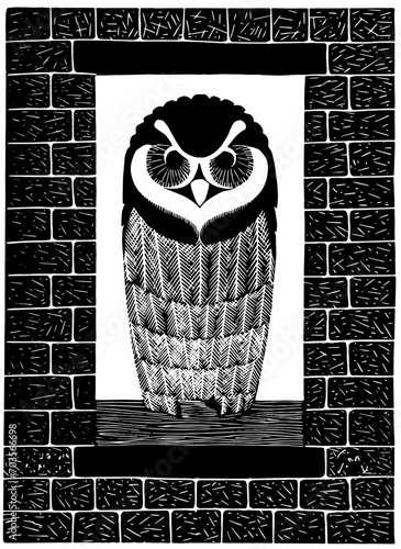 Vector illustration of an owl on a perch, vintage print, antique wood print, vintage, real 1930s illustration.