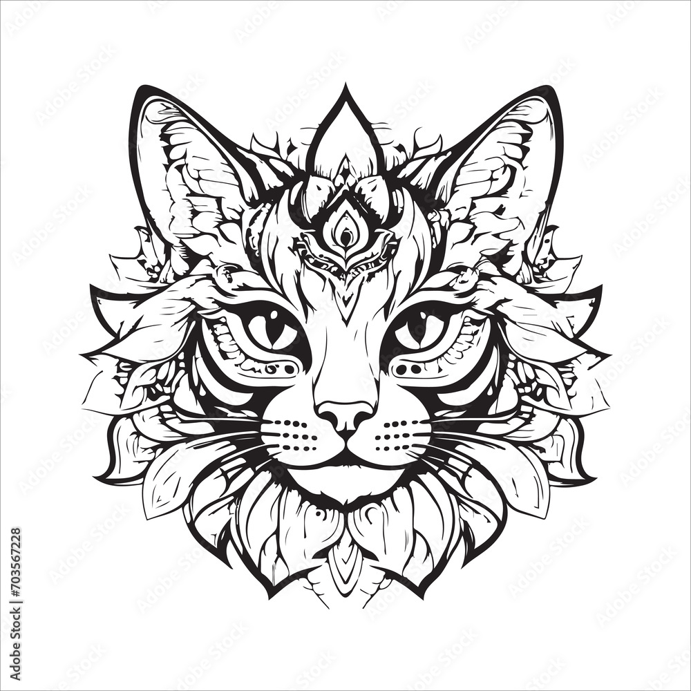 illustration vector mandala head of cat black and white