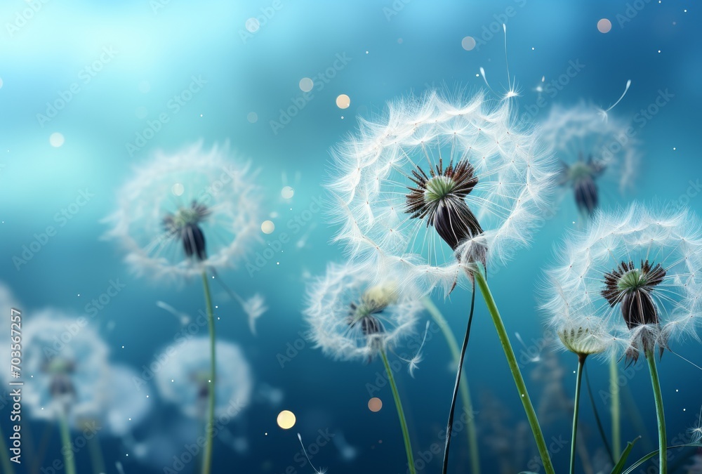 beautiful floral background with white fluffy dandelions on blue. defocused light, bokeh. beautiful floral background with white fluffy dandelions on blue. defocused light, bokeh.