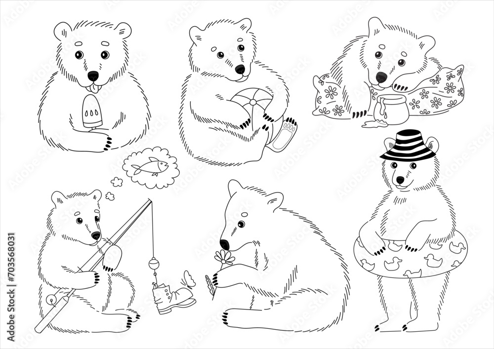 Set of Summer stickers with cute little bears. Hand-drawn black and white flat vector illustration. Set of Summer stickers with cute little bears. Hand-drawn black and white flat vector illustration.