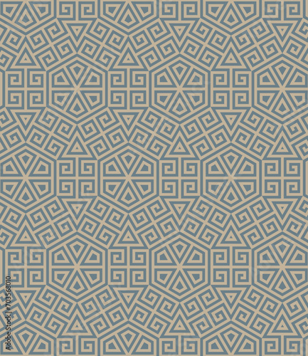 Seamless repeating pattern. Hexagons with intricate labyrinth lines. Mosaic style flooring. Modern and simple geometric texture. Vector illustrator.  photo