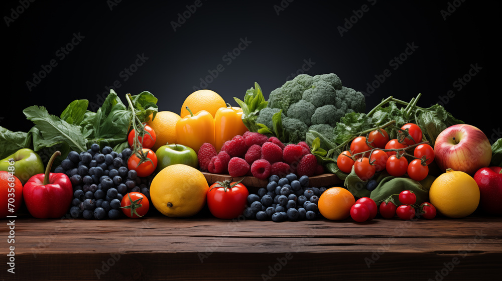 Big set of fresh ripe vegetables and fruits on the table. Concept of healthy life or diet