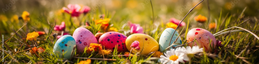 Colorfully Painted Easter Eggs in Grass - Banner Size