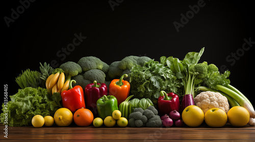Big set of fresh ripe vegetables and fruits on the table. Concept of healthy life or diet