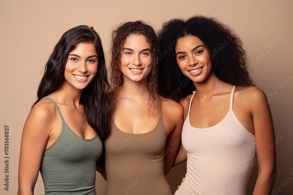 Multi-ethnic, happy and diverse young women in tops on beige background, yoga fitness exercises
