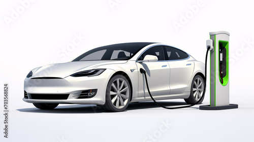 Modern electric vehicle plugged into charging station, isolated on white background.