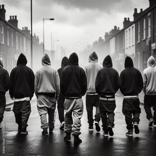 A street gang of teenage homeless boys. Destructive behavior among youth, gangs, juvenile delinquency and robbery.