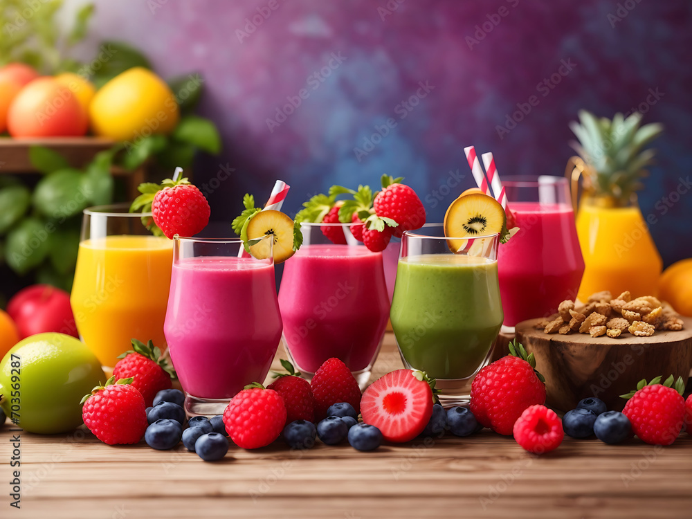 Colourful fresh juices or smoothies on a wooden desk, with some fruits near the Design. Colourful fresh juices or smoothies on a wooden desk, with some fruits near the Design.