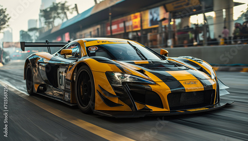 photo taken by a camera on a racing track, in the style of dark black and yellow, poster, batik, sigma 85mm f/1.4 dg hsm art, beautiful, dynamic and action-packed, made of rubber created by ai