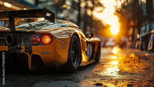 photo taken by a camera on a racing track, in the style of dark black and yellow, poster, batik, sigma 85mm f/1.4 dg hsm art, beautiful, dynamic and action-packed, made of rubber created by ai