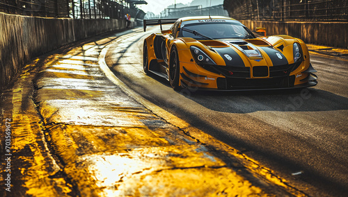 photo taken by a camera on a racing track, in the style of dark black and yellow, poster, batik, sigma 85mm f/1.4 dg hsm art, beautiful, dynamic and action-packed, made of rubber created by ai photo