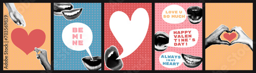 Valentines day halftone collage posters set. Hands holding hearts, lips with speech bubbles and text. Modern retro cards, postcards, banner templates, pop art vector illustration