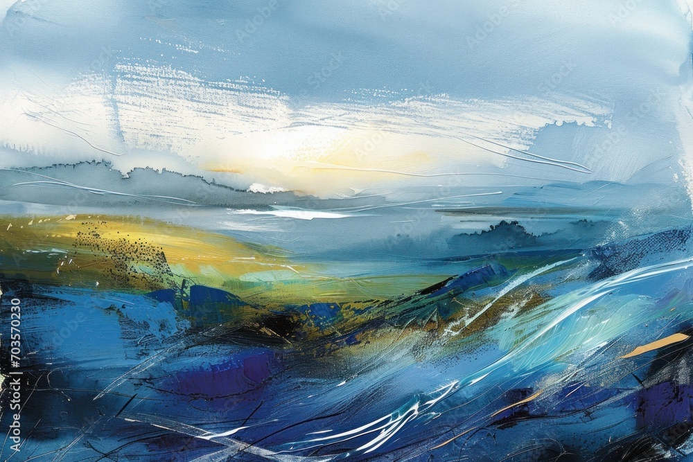 Layered blue and ochre strokes depicting a sweeping landscape, sunset over the river, nature background 