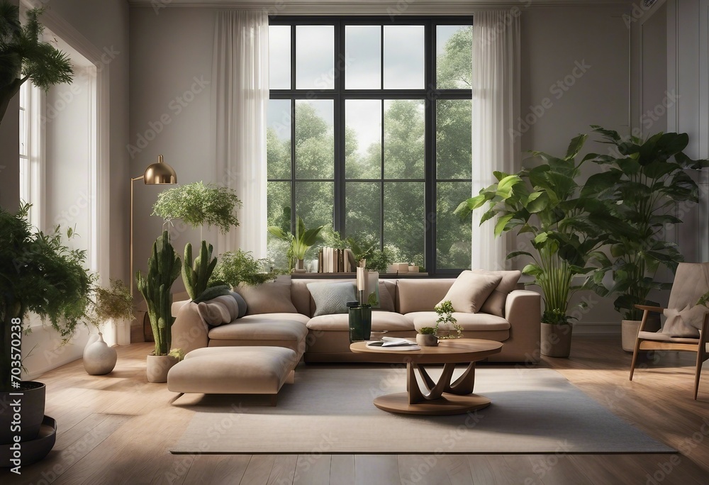 A living room filled with furniture and vase of plants in corners
