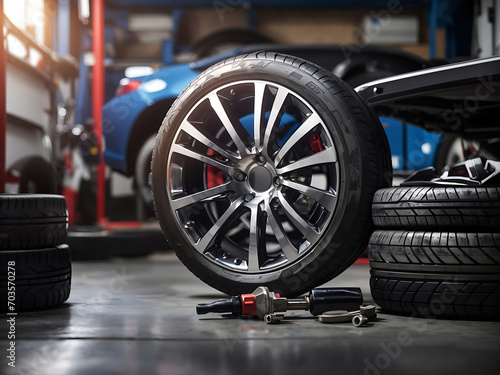 Garage and changing wheel alloy tire. Repair or maintenance auto service Design