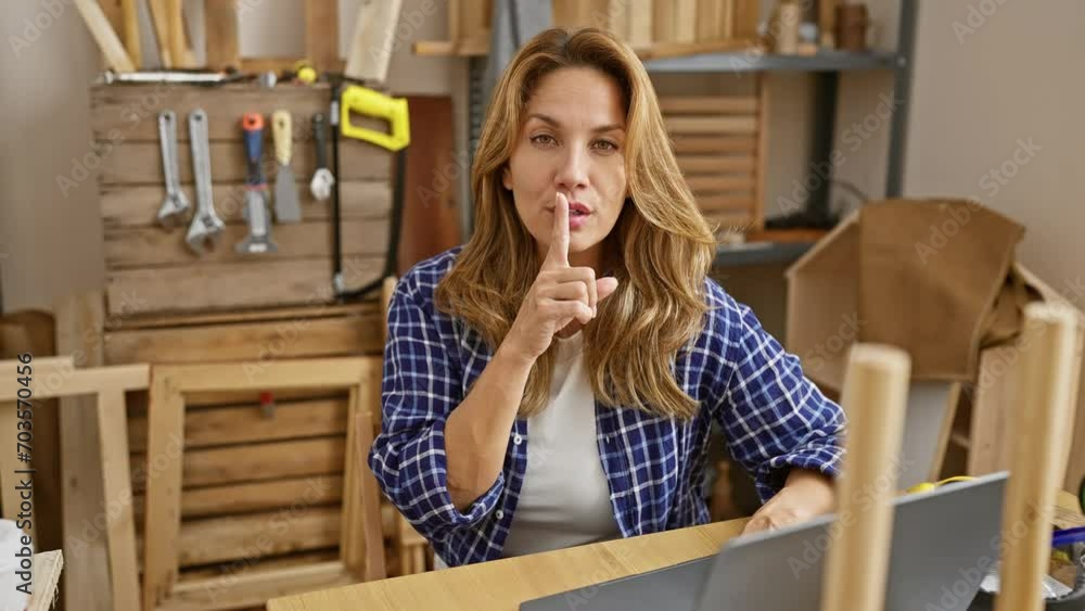 Beautiful young latin woman shushing amid carpentry silence, sitting at her table, finger on lips. secret gesture in the wooden workshop. Beautiful young latin woman shushing amid carpentry silence, sitting at her table, finger on lips. secret gesture in the wooden workshop.
