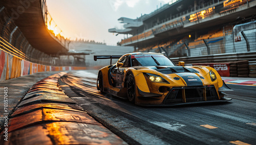 photo taken by a camera on a racing track, in the style of dark black and yellow, poster, batik, sigma 85mm f/1.4 dg hsm art, beautiful, dynamic and action-packed, made of rubber created by ai photo